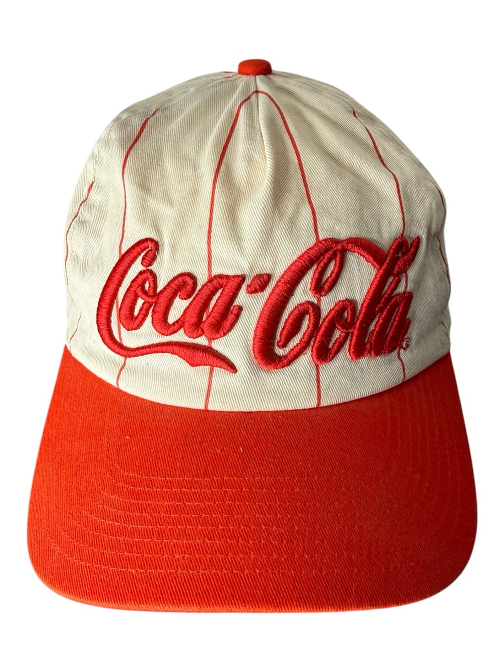 COCA COLA Retro Style Pine Strips Baseball Cap Snap Back Red Orange Cream